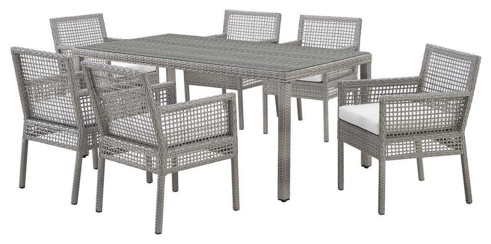 Modern Outdoor Dining Chair Armchair and Table Set, Rattan Fabric, Gray White