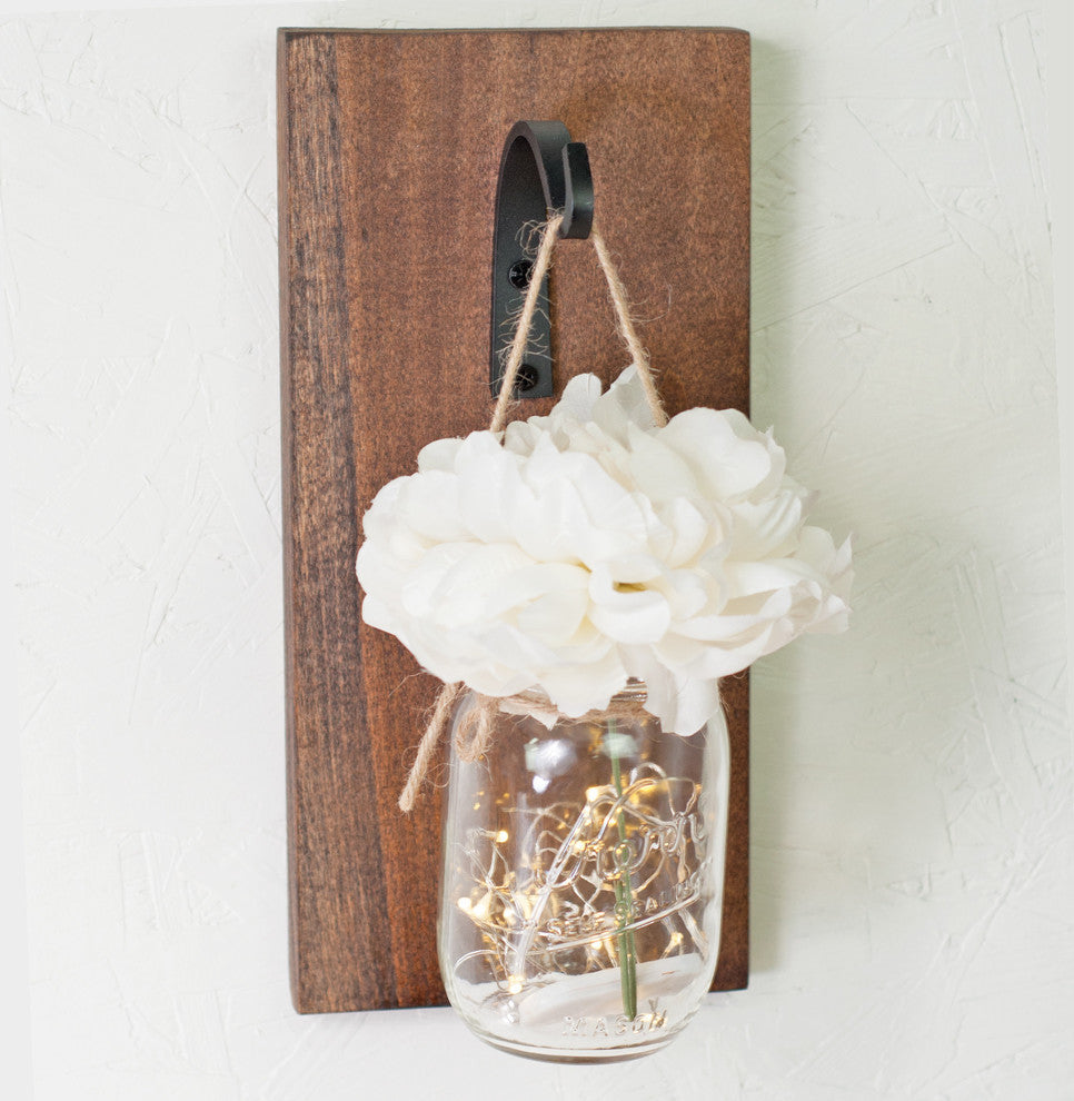 Mason Jar Sconce Wall Decor Walnut Color White Flower Narrow Hook with Lighting