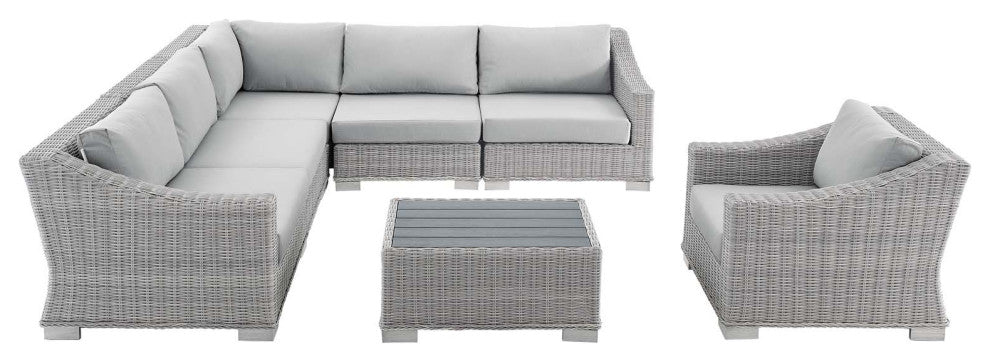 Lounge Sectional Sofa Chair Table Set, Rattan, Wicker, Gray, Outdoor
