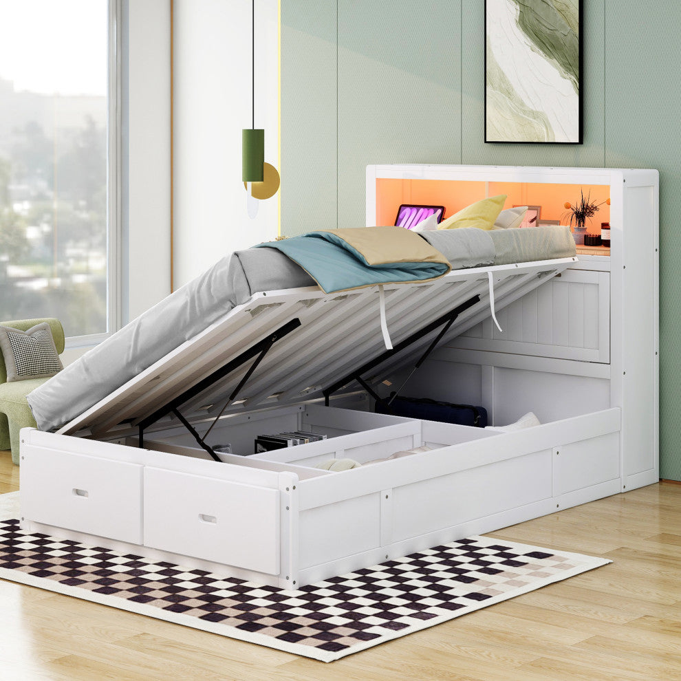 Gewnee Wood Full Size Hydraulic Platform Bed with Storage LED Headboard