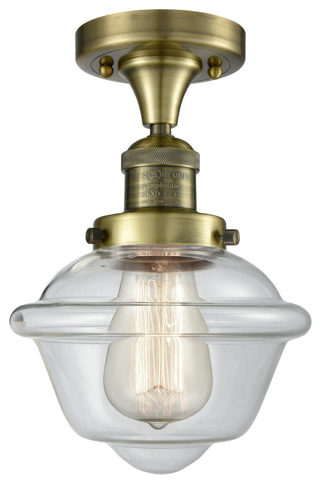 1-Light Oxford 11" Flush Mount, Antique Brass, Glass: Clear