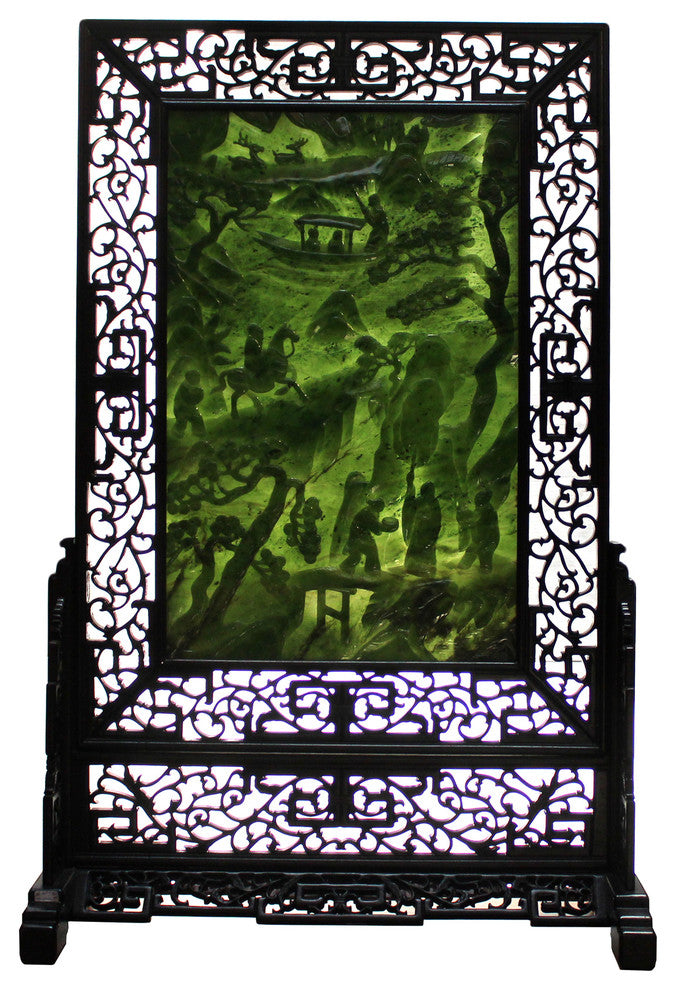 Spinach Green Stone Scenery Carving Table Top Wall Panel Display Hcs5090