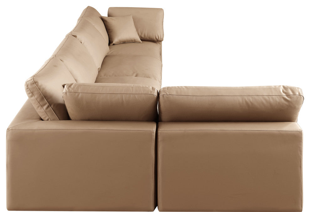 Comfy Upholstered L-Shaped Modular Sectional, Tan, 5-Piece: 3 Armless Chair, 2 Corner Chair, Vegan Leather