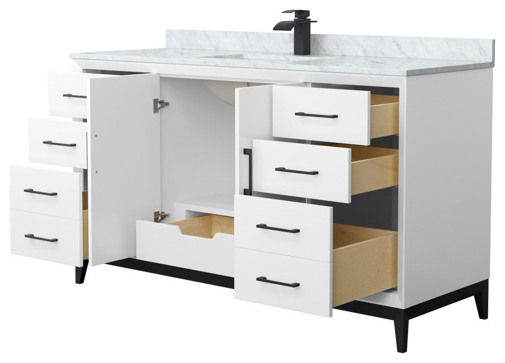 Amici 60" White Single Vanity, White Carrara Marble Top, Matte Black Trim