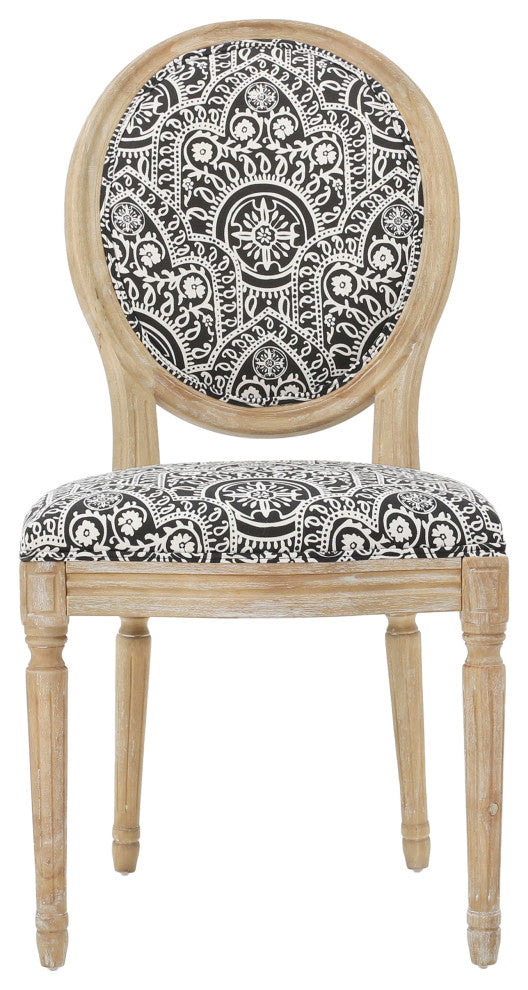 Dason French Country Fabric Upholstered Wood 7-Piece Dining Set, Black and White Print/Natural