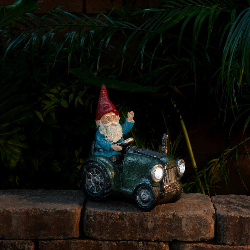 Solar Green Tractor Riding Gnome with Cool White LED Lights
