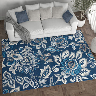 Stella Traditional Floral Dark Blue Rectangle Area Rug, 5'x7'