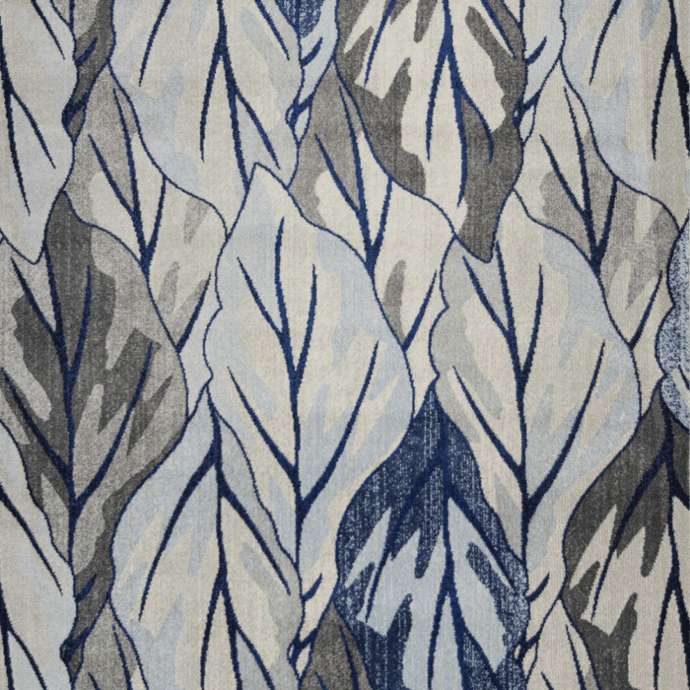8'X11' Grey Navy Machine Woven Oversized Leaves Indoor Area Rug