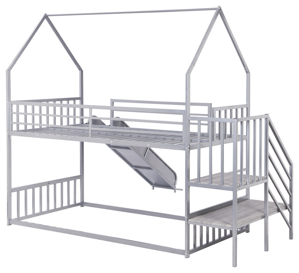 Gewnee Twin over Twin Metal Bunk Bed House Bed with Slide and Staircase