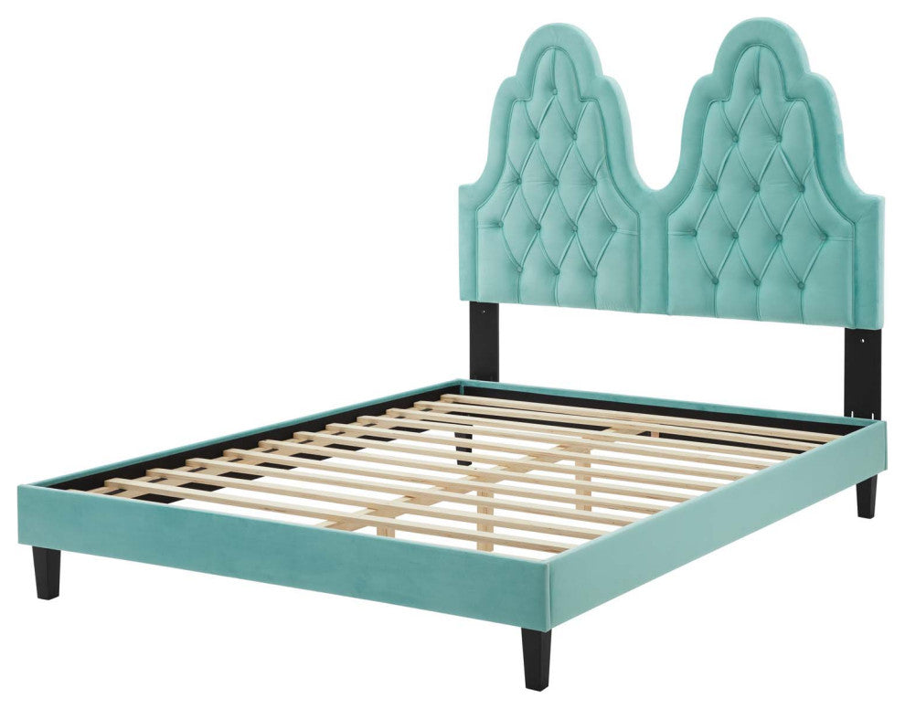Tufted Platform Bed Frame, Twin Size, Velvet, Blue, Modern Contemporary, Bedroom