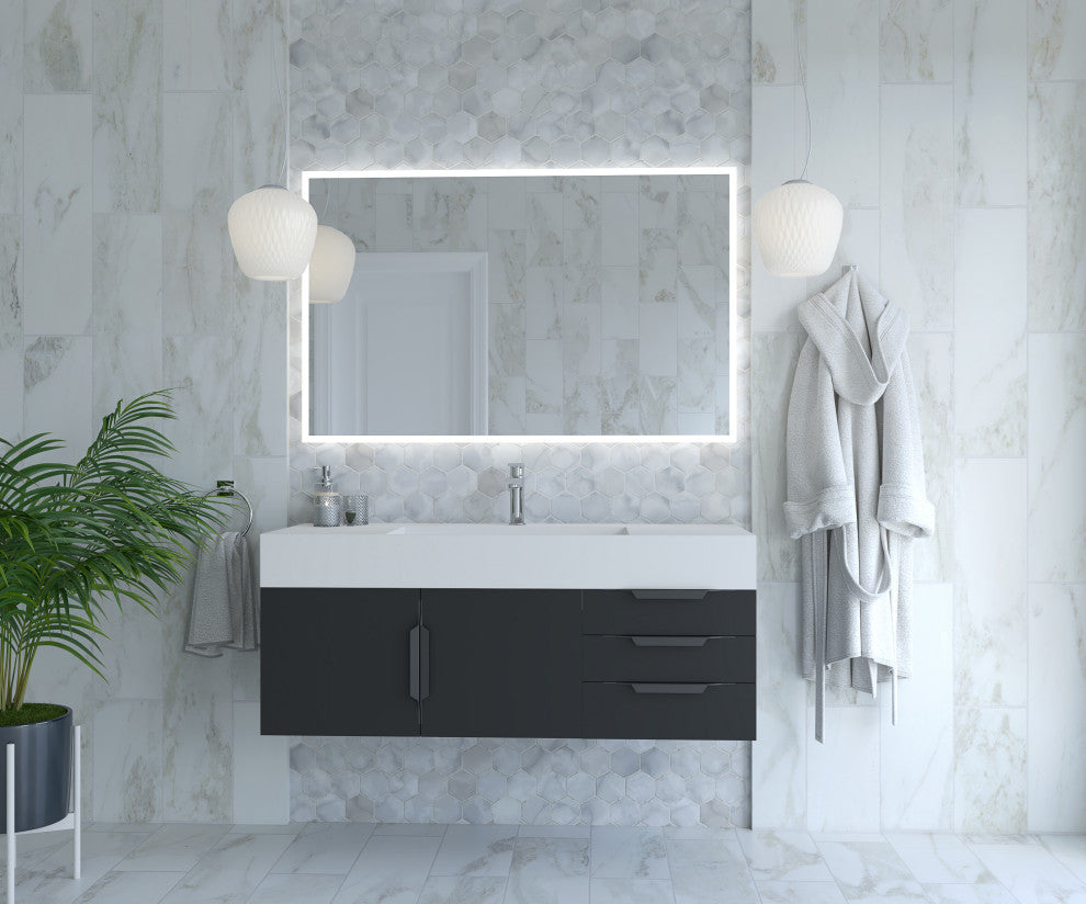 CastelloUSA Amazon 48" Wall Mounted Vanity Set, Black, White Top, Black Handles