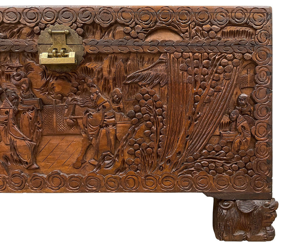 Consigned Early 20th Century Chinese Carved Camphor Wood Hope Chest