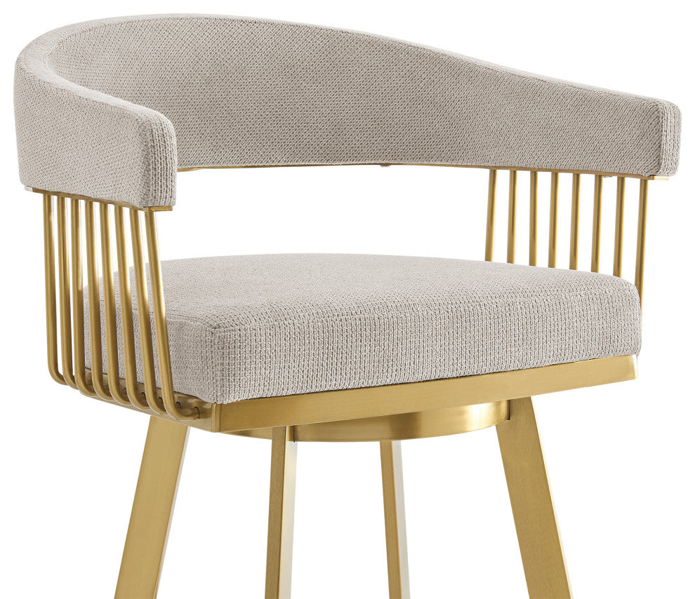Chelsea Swivel Counter Stool, Gold Brushed Stainless Steel, Taupe Fabric, 26"