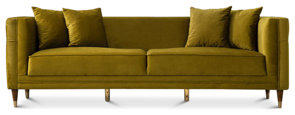 Mara Mid-Century Modern Luxury Tight Back Velvet Sofa, Mustard Yellow