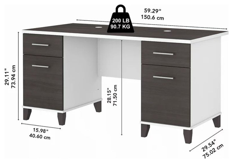Transitional Desk, Double Pedestal With File & Storage Drawers, Storm Gray/White