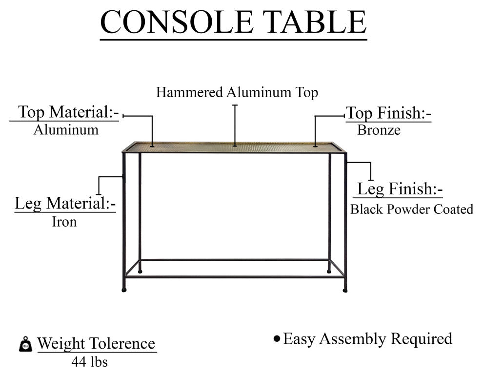 48" Console Sofa Table Bronze Tray Top Industrial Iron Frame Black Brown