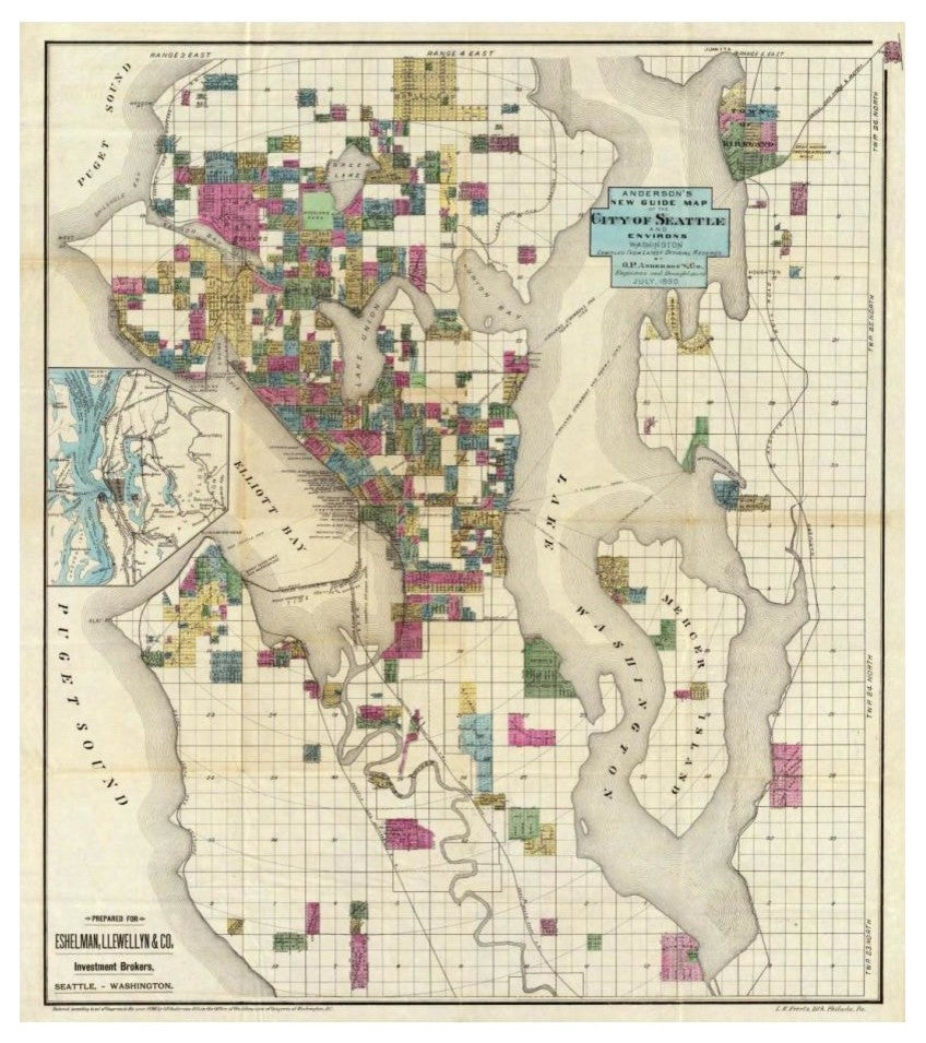 "City of Seattle and Environs, 1890" Print by O.P. Anderson, 21"x24"