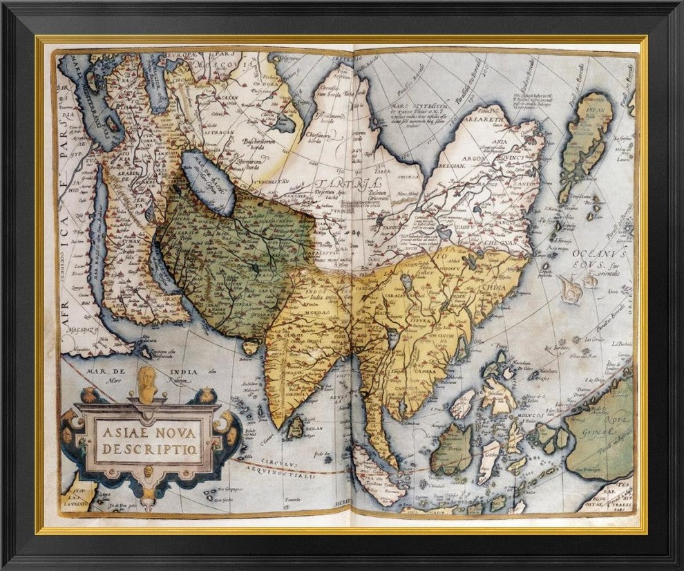 "Asiae Nova Descriptio" Framed Canvas Giclee by Abraham Ortelius, 34x29"