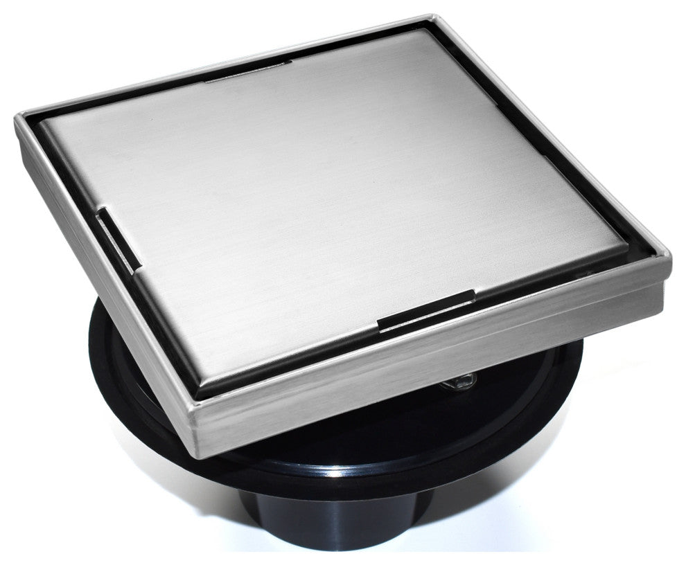 HEATGENE Square Shower Drain With Flat Cover With Base Flange, Brush, 6"
