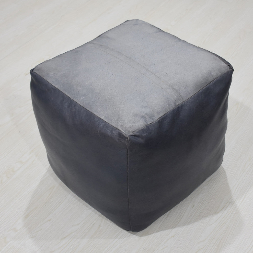 Poufs-Solid Goat Leather Pouf, Handmade (Recycled Cotton Fill), [Square) 14x14x14