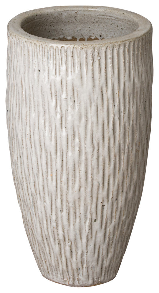 13" Dia Tall Distressed White Round Textured Ceramic Planter