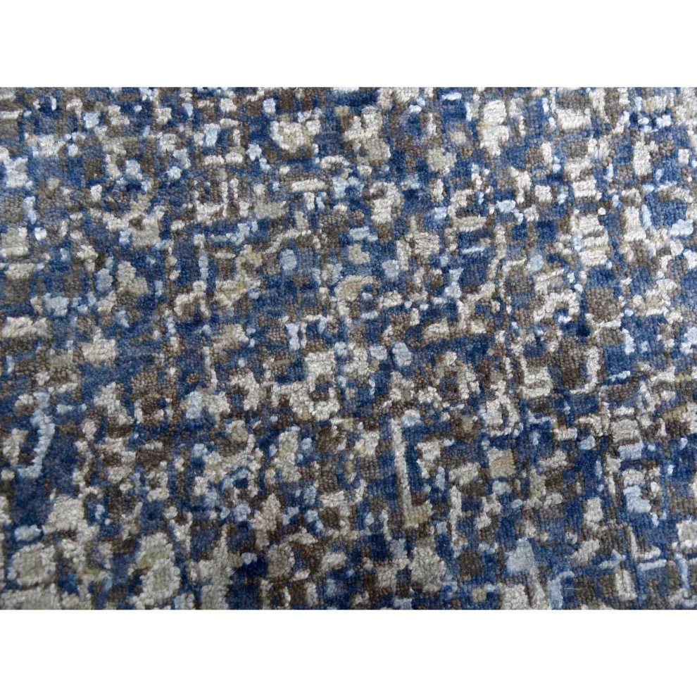 Denim Blue, Modern, Hand Knotted Pure Silk and Wool Oversized Rug, 12'0"x18'0"