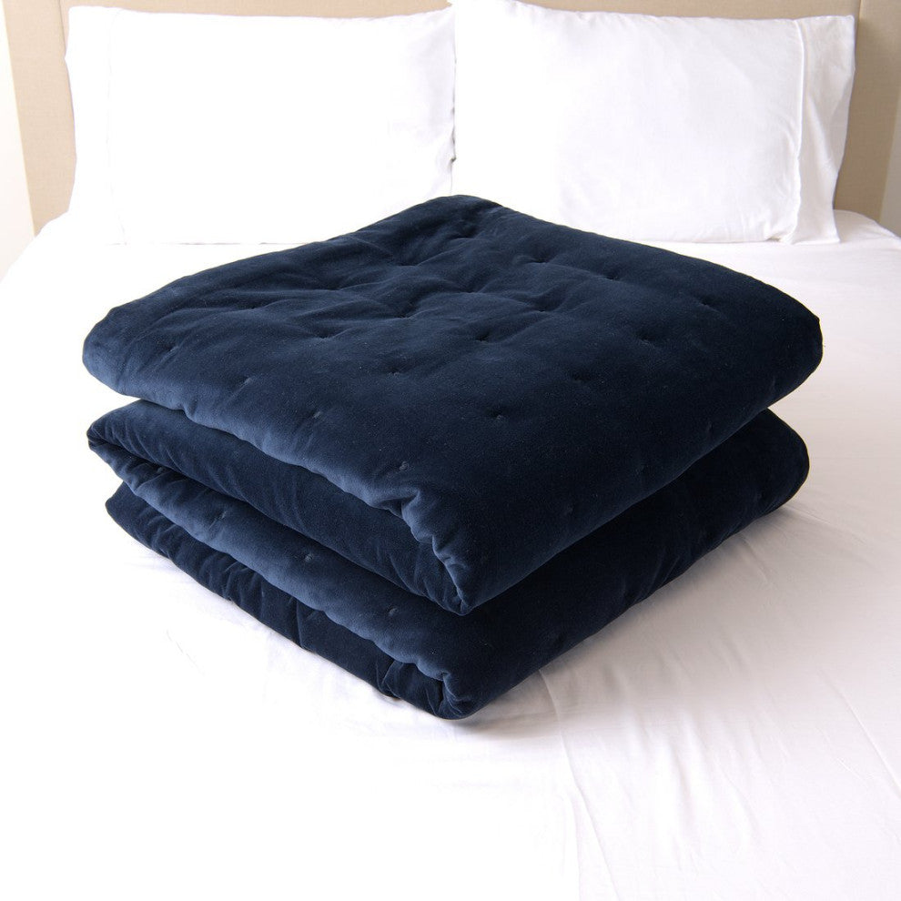 Velvet and Cotton Tufted Quilt, Navy, Queen