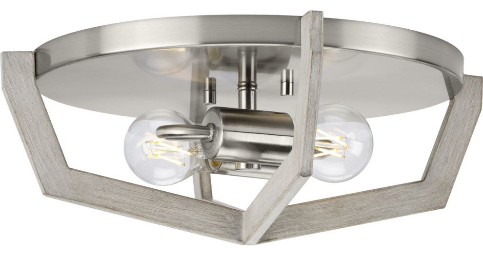 Galloway 2-Light 15" Brushed Nickel Flush Mount Light, Grey Washed Oak Accents