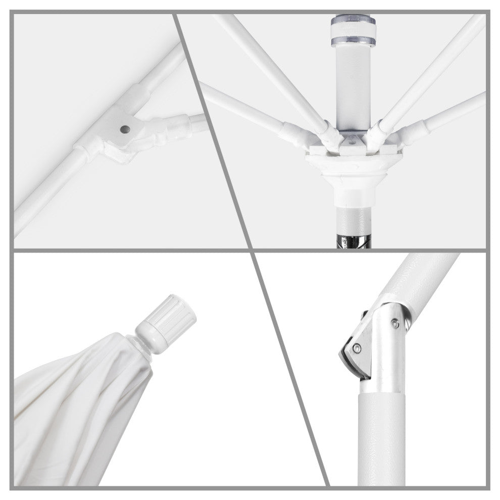 9' Matted White Collar Tilt Lift Fiberglass Rib Aluminum Umbrella, Olefin, Gray White Cabana Stripe