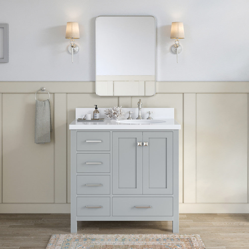 ARIEL Cambridge 37" Right Offset Oval Sink Bathroom Vanity Grey With Quartz Top