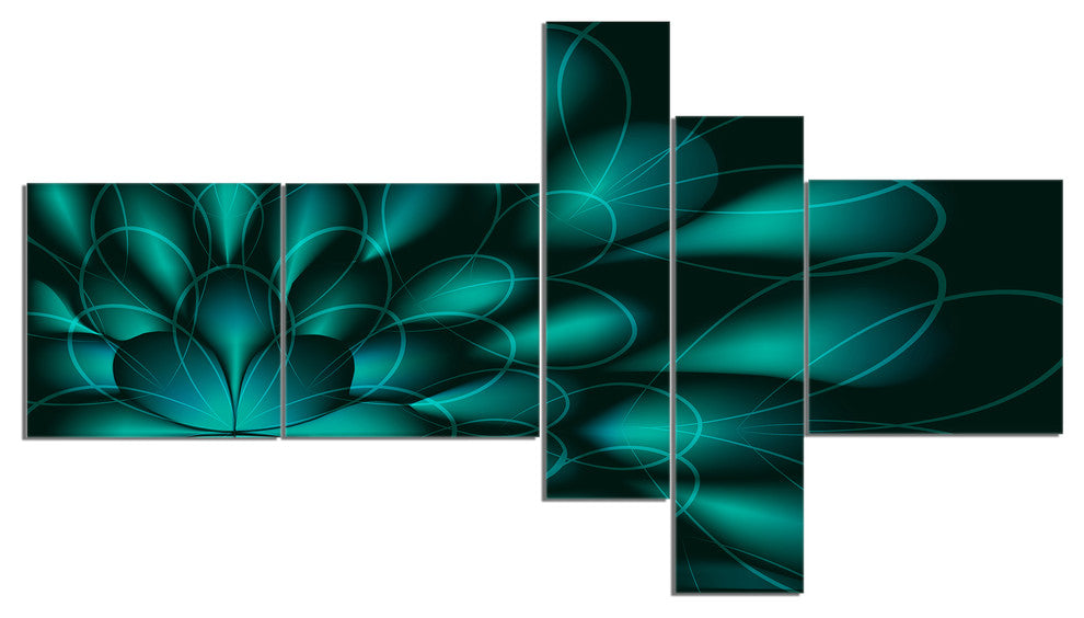 Green Fractal Flower on Black, Abstract Canvas Art Print, 60"x32", 5 panels