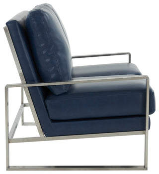 LeisureMod Jefferson Modern Faux Leather Loveseat With Silver Frame, Navy Blue