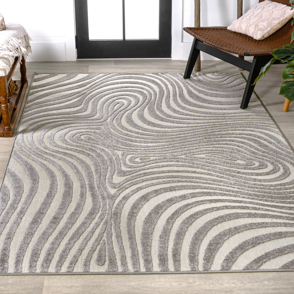 High-Low Groovy Striped Gray/Ivory 4 ft x 6 ft Indoor/Outdoor Area Rug