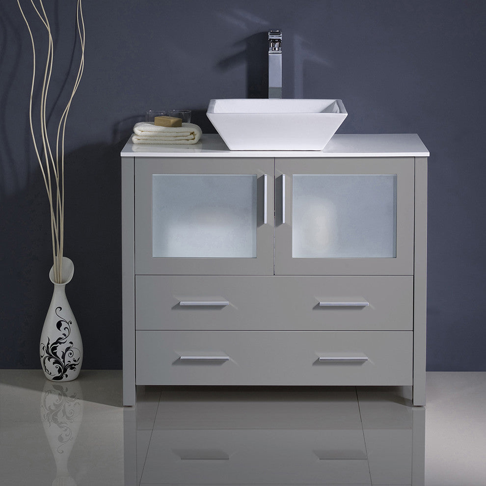 Torino 36" Gray Modern Bathroom Cabinet With Vessel Sink