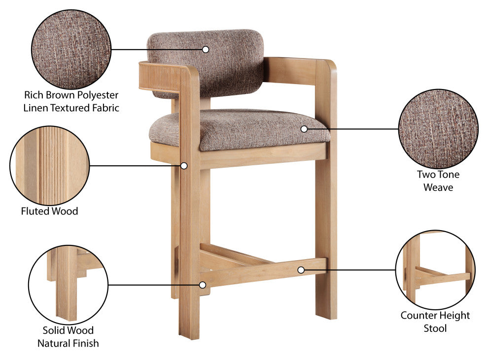 Sacha Upholstered Bar and Counter Stool, Brown, Linen Textured Fabric, Natural