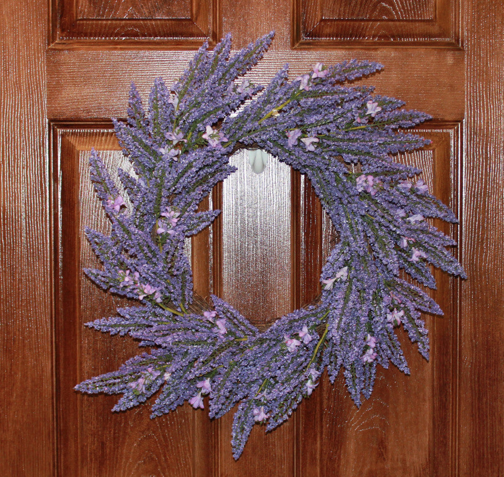 22" Heather Wreath With Purple Flowers On Natural Twig Base
