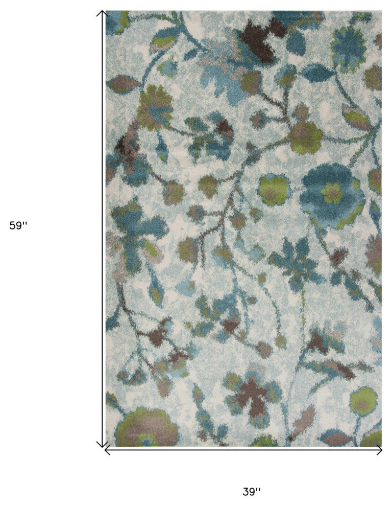 3' X 5' Teal Floral Vines Area Rug