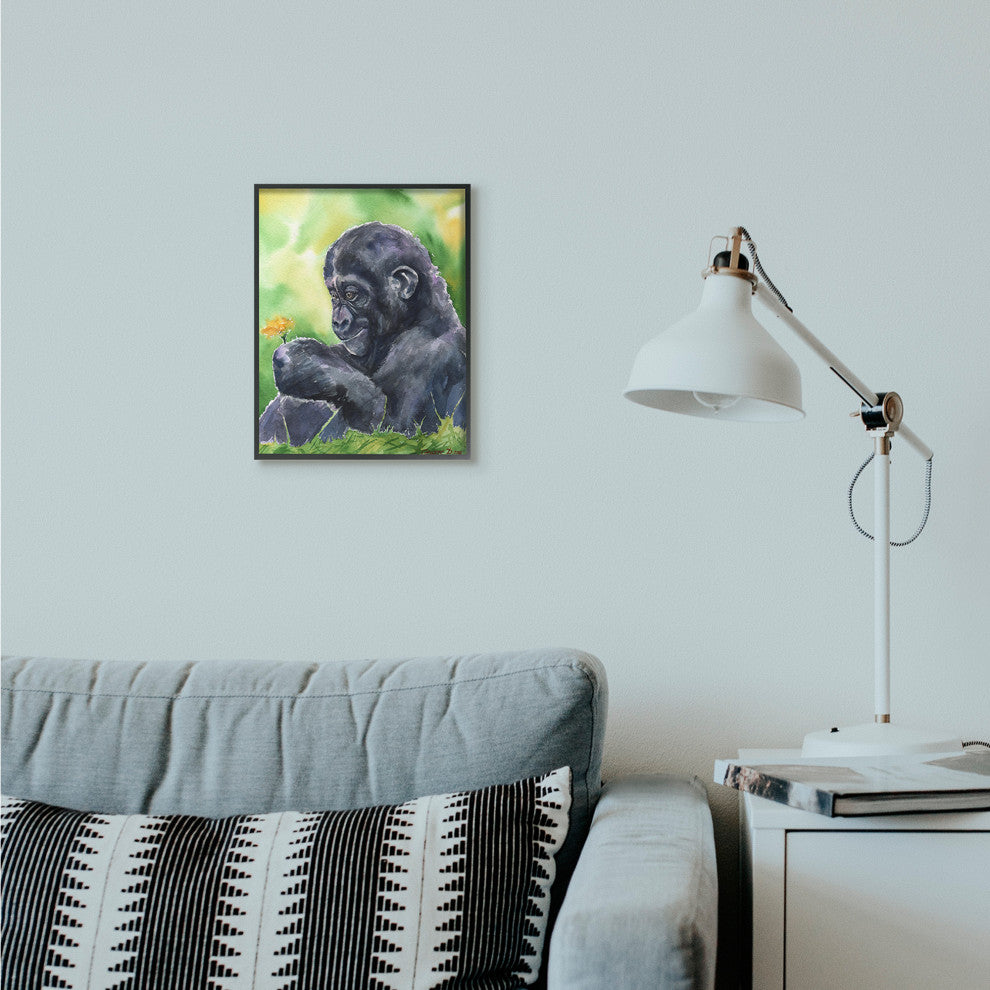 Baby Gorilla Animal And Flower Green Painting, 11"x14"
