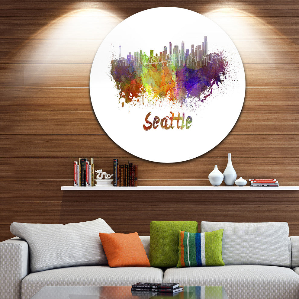 Seattle Skyline, Cityscape Round Metal Wall Art, 11"