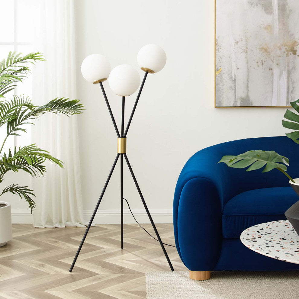 Floor Lamp Light, Black, Brass, Modern, Mid Century Cafe Bistro Hospitality