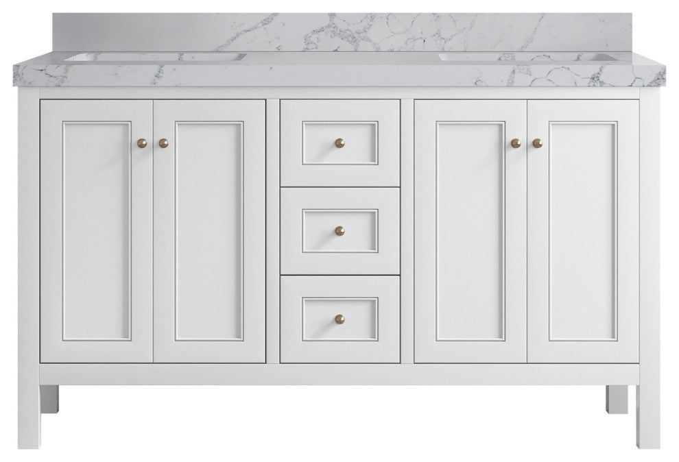 Nashville 60" Double Bathroom Vanity, White 2" Venatino Quartz