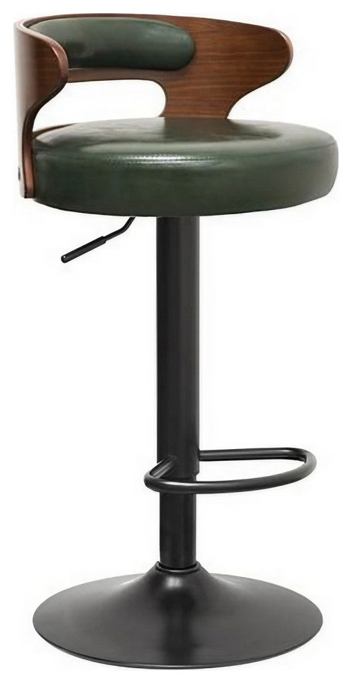 Minimalistic Black Leg Leather Bar Chair, Green, Dark Wood Backrest
