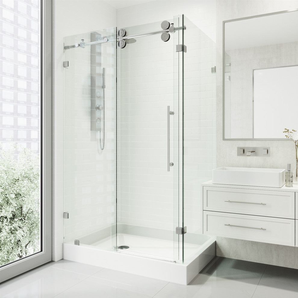 VIGO Winslow Frameless Sliding Shower Enclosure, Chrome, 36" D X 48" W X 80" H, Left Drain Base