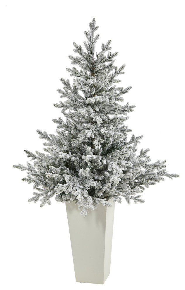 57" Flocked Fraser Fir Faux Xmas Tree W/Lights & Bendable Branches Tower Planter