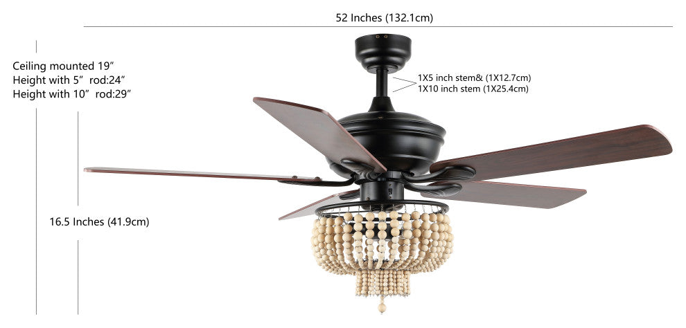 Opal 52" 3-Light Farmhouse Rustic Shade LED Ceiling Fan With Remote, Black