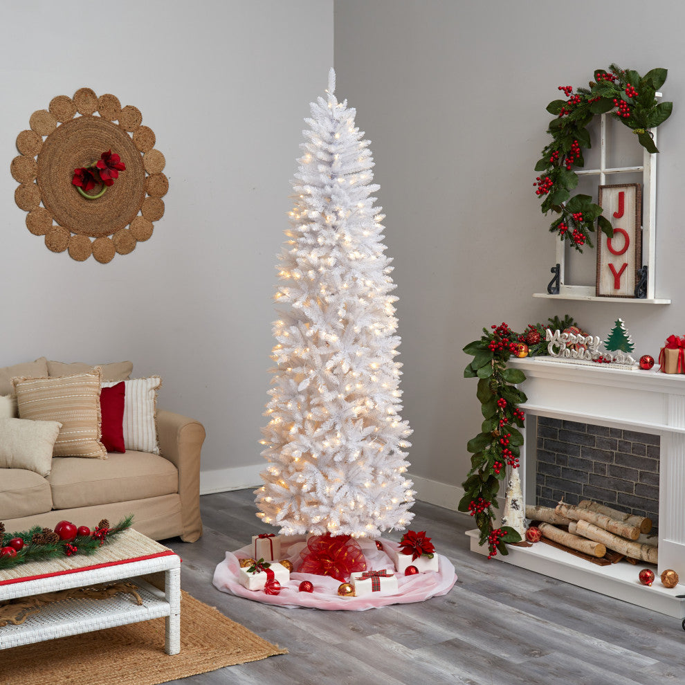 8' Slim White Faux Xmas Tree W/400 Warm White Lights & 1348 Bendable Branches