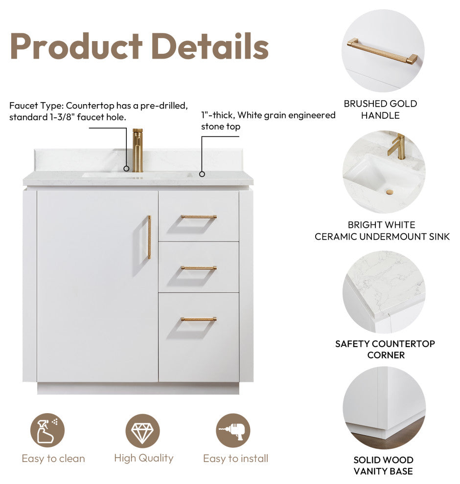 San Bath Vanity with Stone Top, White, 36", Single Vanity, With Mirror