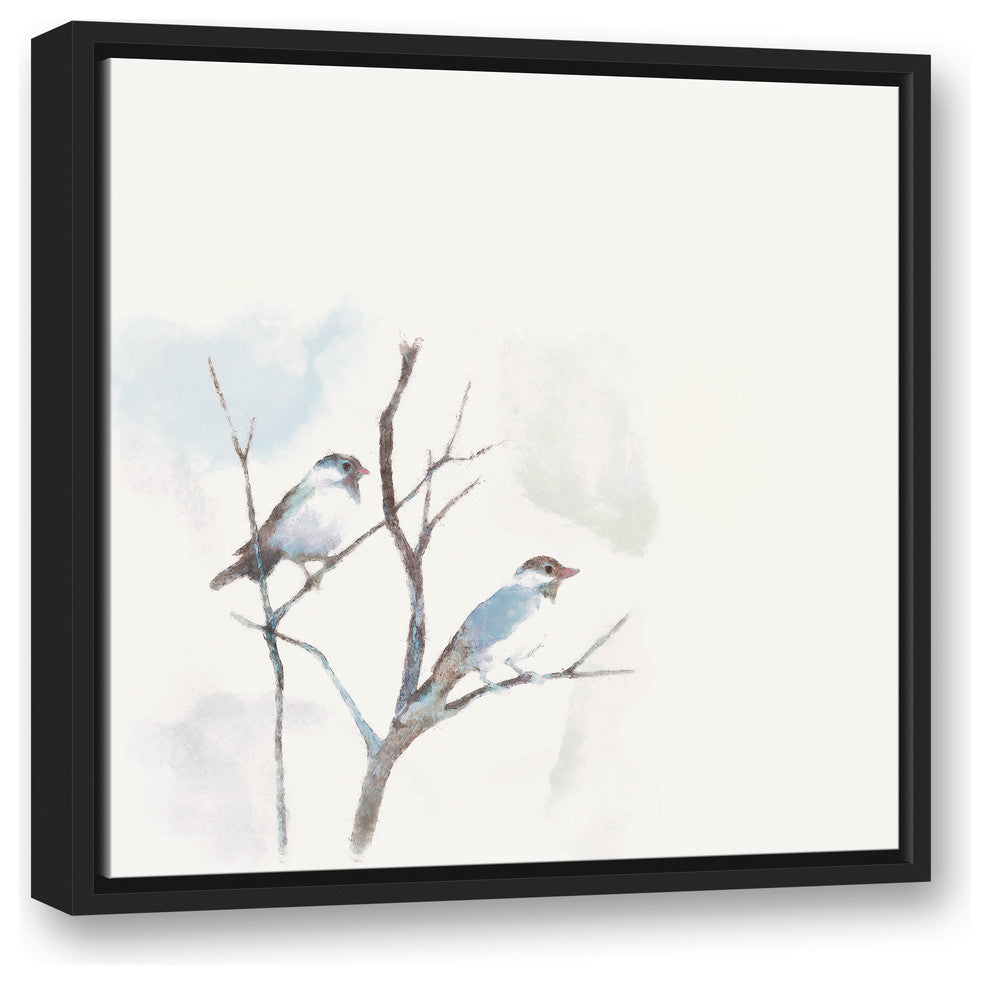 Watercolor Birds on a Branch Blue 20x20 Black Floating Framed Canvas