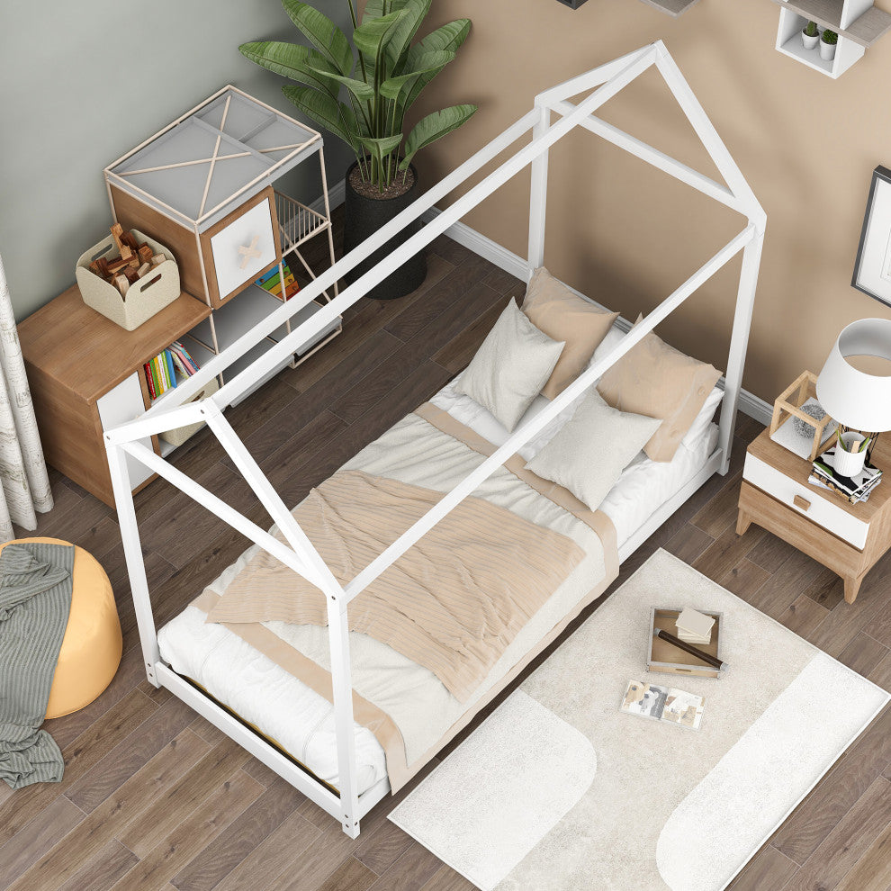 Gewnee Twin Size Wooden House Bed in White