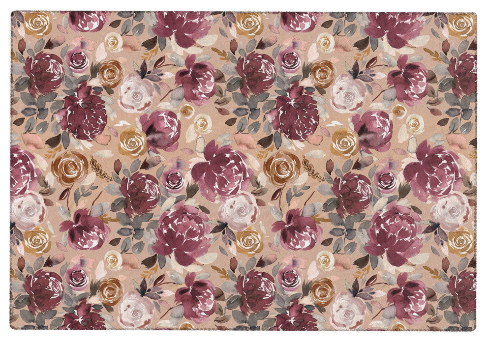 Ninola Design Vintage Peonies Beige Burgundy Area Rug